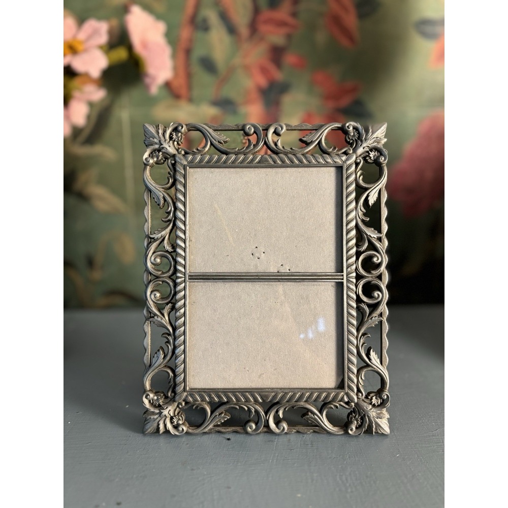 Silver Tone Metal Double Picture Frame 9x7 Baroque Rococo Scroll Floral